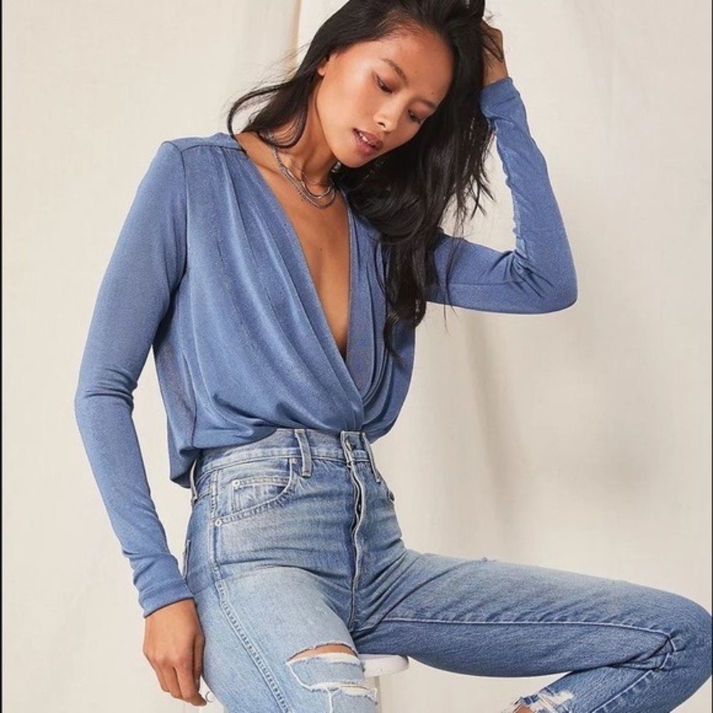 Intimately Free People Blue Draped Deep V Long Sleeve Bodysuit Small OB782488